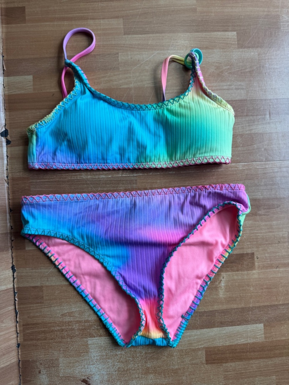 Beach Lingo Bralette Bikini Set,ribbed, rainbow ombre, size 12, removable pads